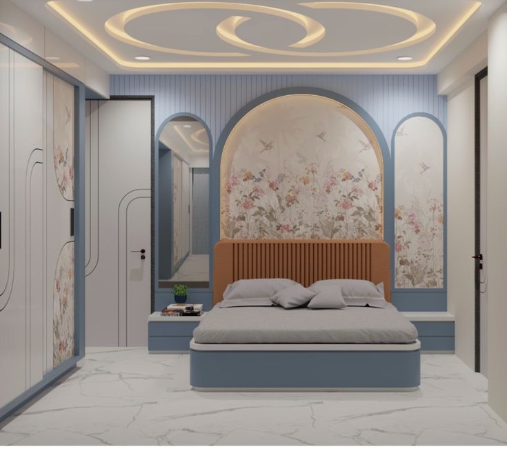 Pastel Blue Bedroom with Arched Floral Niches & Spiral Ceiling